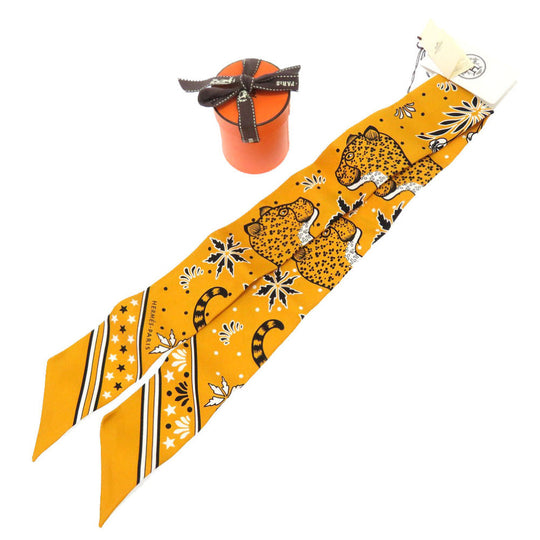 HERMES scarf silk yellow LES LEOPARDS Leopard Women Used Authentic