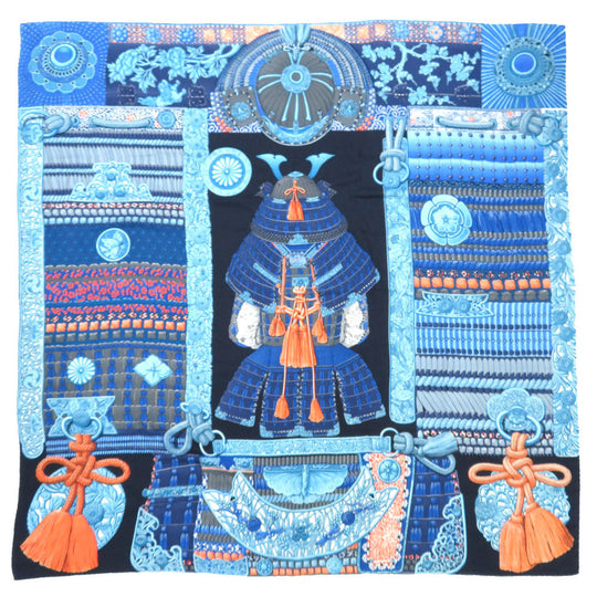 HERMES Stall cashmere blue Carre140 Samurai Armor Helmet Parures de Samourais Women Used Authentic
