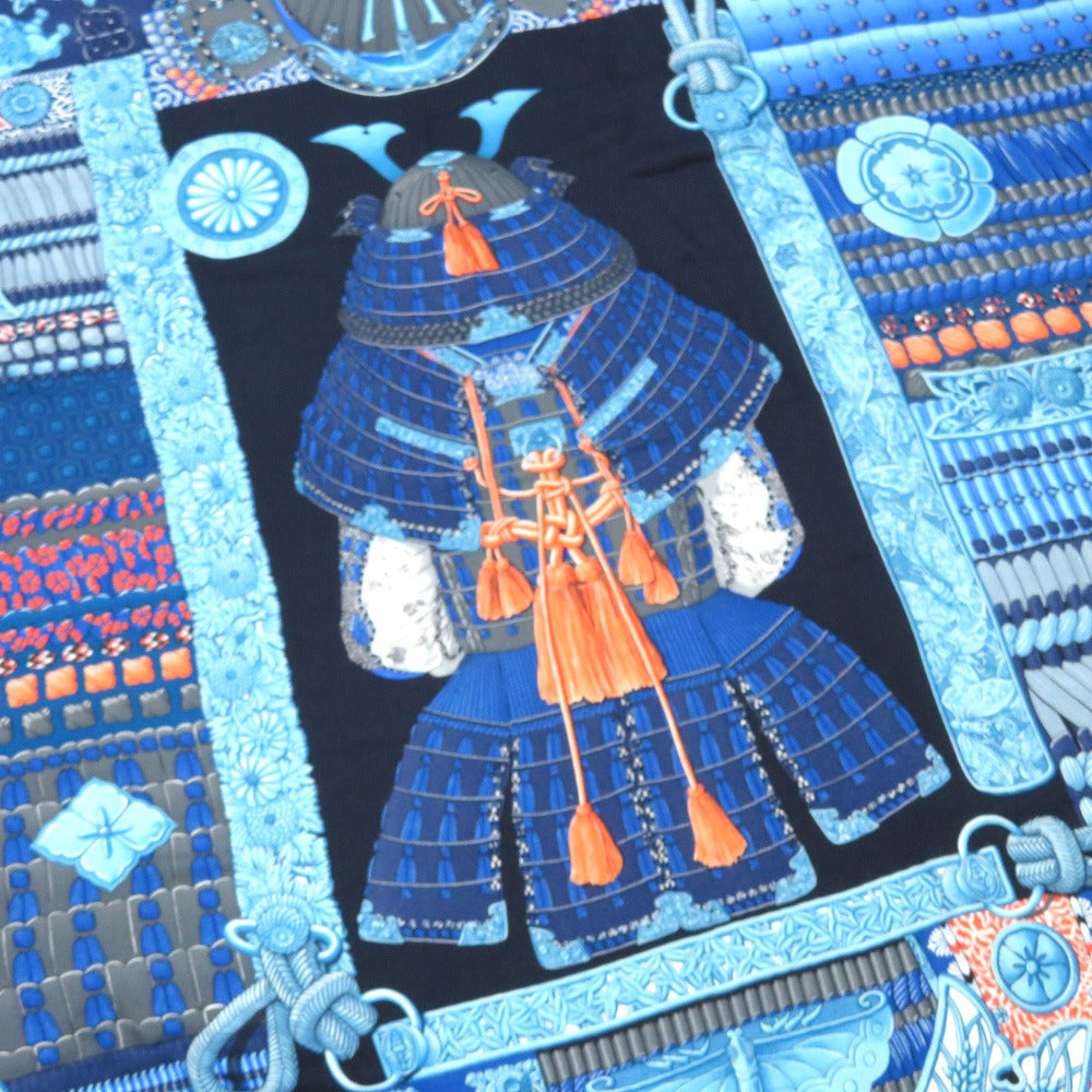 HERMES Stall cashmere blue Carre140 Samurai Armor Helmet Parures de Samourais Women Used Authentic