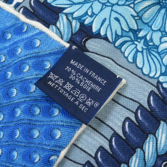 HERMES Stall cashmere blue Carre140 Samurai Armor Helmet Parures de Samourais Women Used Authentic
