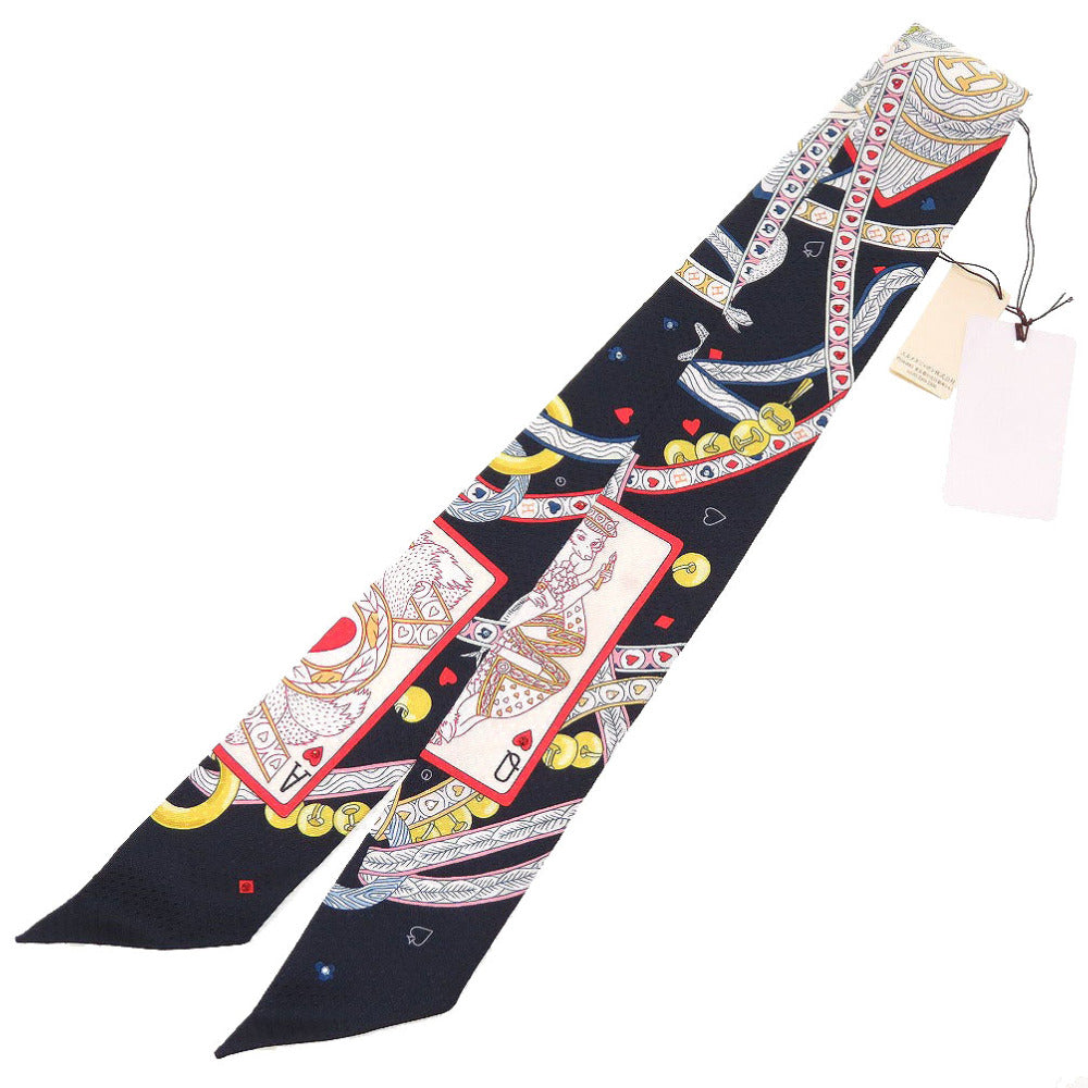 HERMES scarf silk black Beaded Pique Twilly Queen of Hearts DAME DE COEUR Women Used Authentic