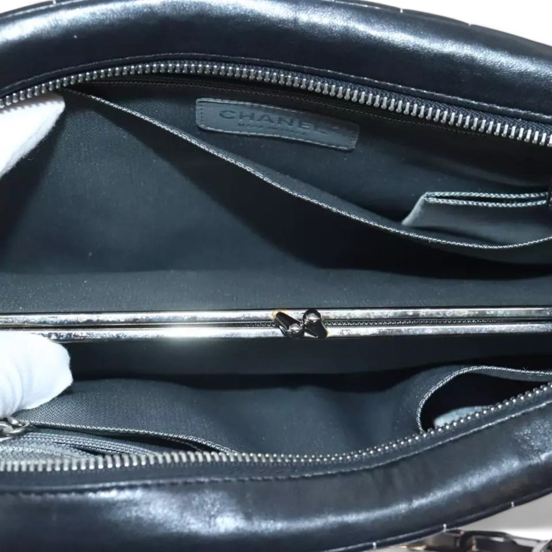 CHANEL Chain Shoulder Bag Leather Silver Black CC Women's Handbag