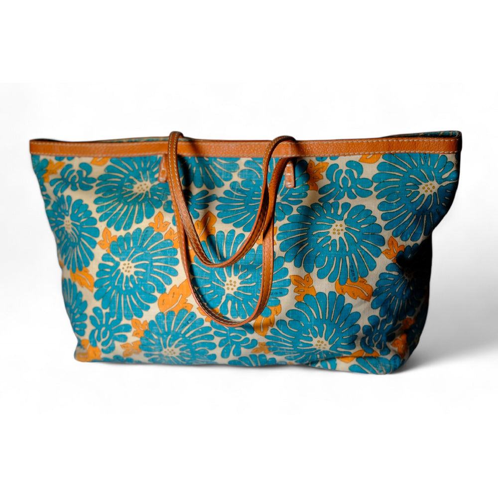 Fendi Floral Canvas Tote Bag Blue Orange Women's Handbag Large Vintage Designer Purse