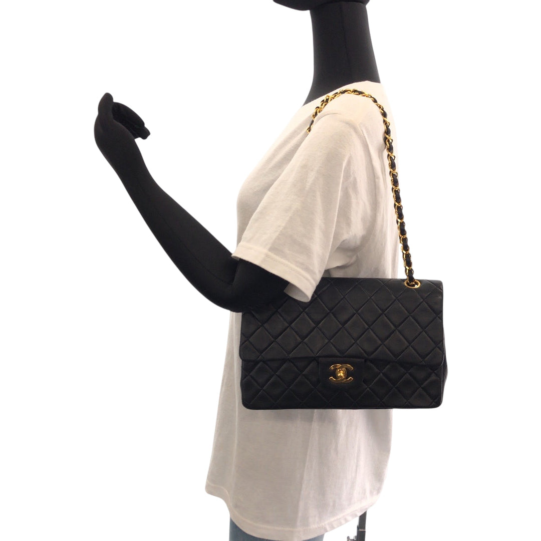 CHANEL Shoulder Bag lambskin Black GoldMetal ChainShoulder Bag Mattasse double flap COCO Mark Turnlock Women Used Authentic