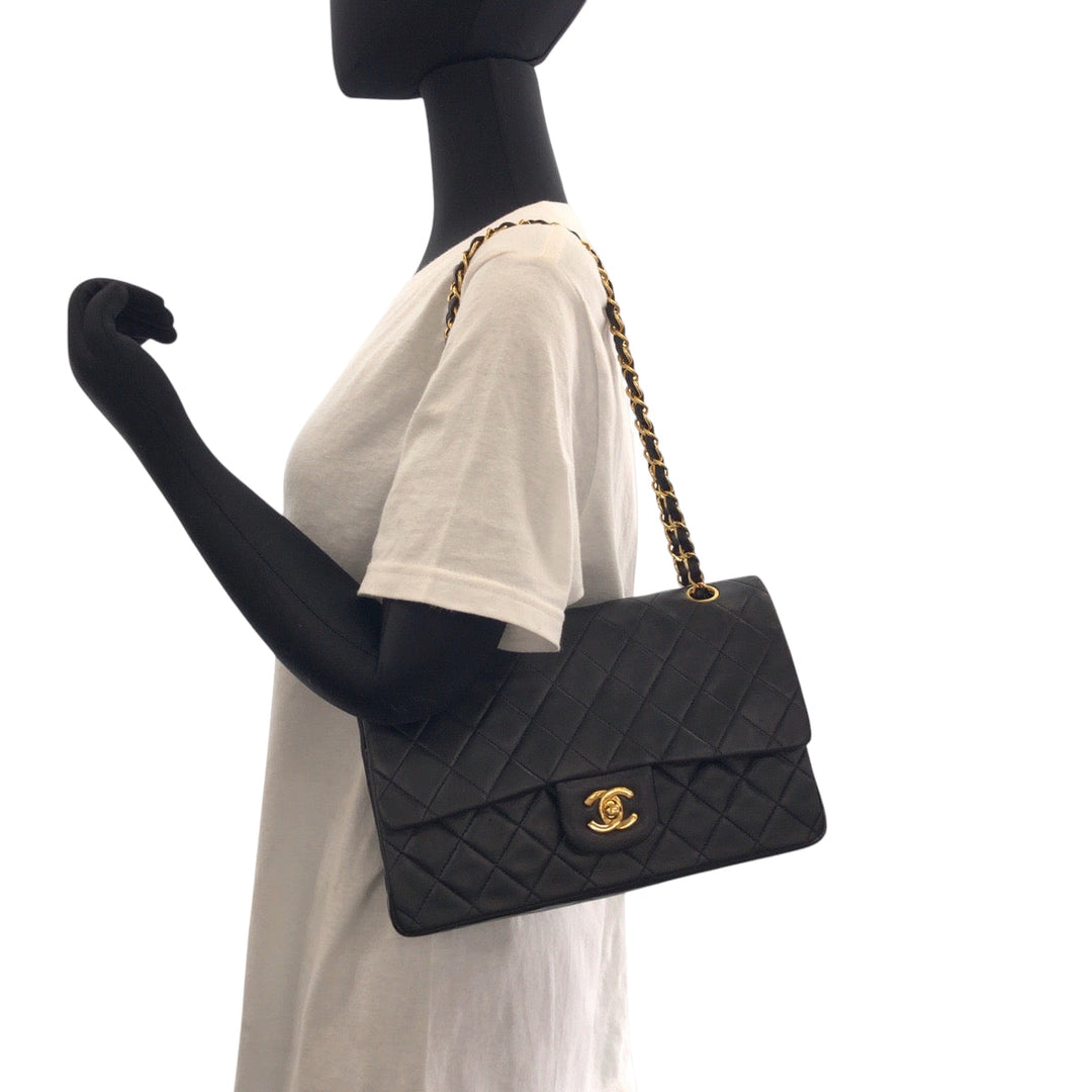 CHANEL Shoulder Bag lambskin Black GoldMetal ChainShoulder Bag Shoulder Matrasse W flap COCO Mark Turnlock Women Used Authentic