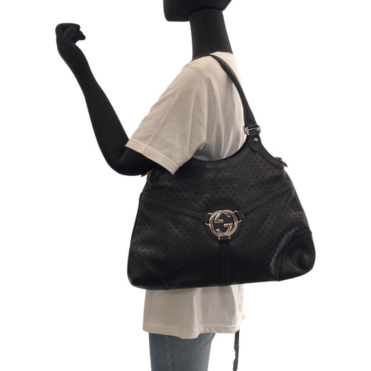 GUCCI Shoulder Bag 114875 leather Black SilverMetal Hobo Shoulder Bag Interlocking Women Used Authentic