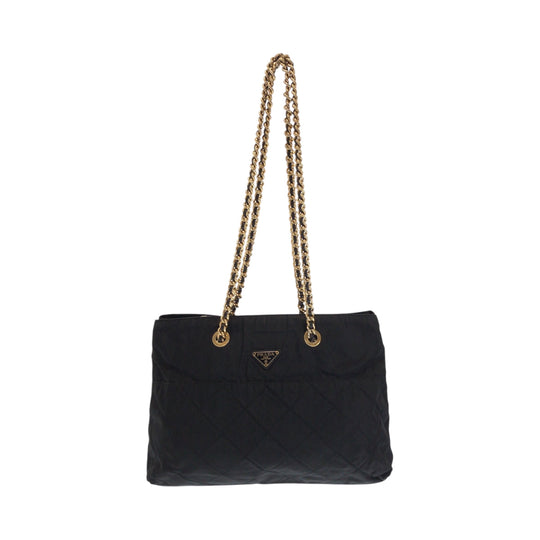 PRADA Tote Bag Nylon Black GoldMetal ChainTote Bag Shoulder Bag quilting testu Triangle With logo Women Used Authentic