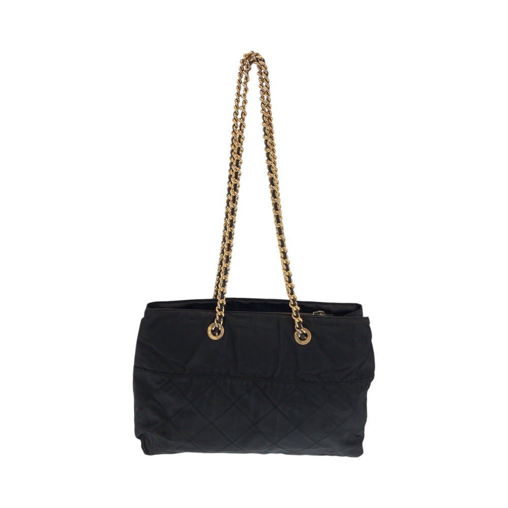 PRADA Tote Bag Nylon Black GoldMetal ChainTote Bag Shoulder Bag quilting testu Triangle With logo Women Used Authentic