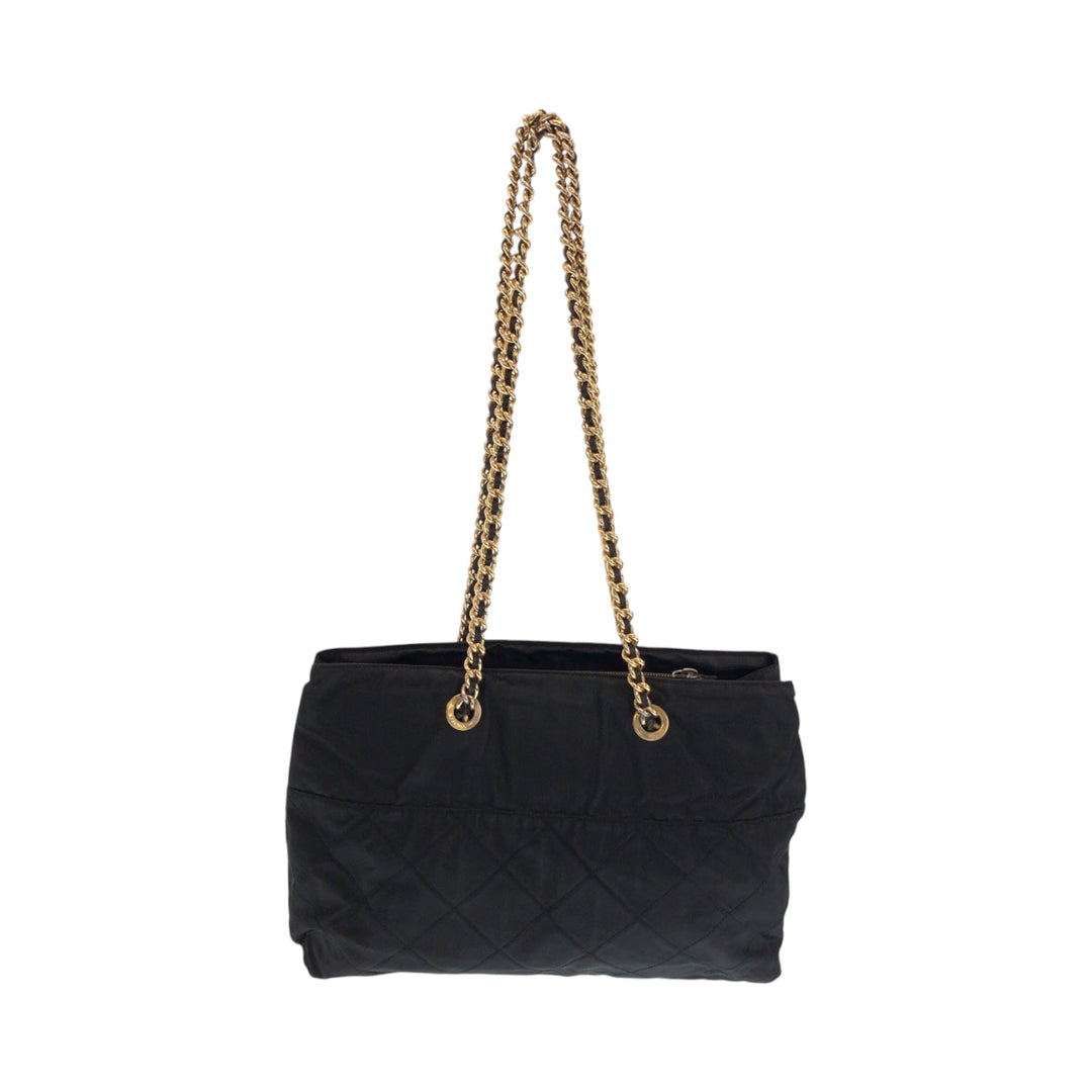 PRADA Tote Bag Nylon Black GoldMetal ChainTote Bag Shoulder Bag quilting testu Triangle With logo Women Used Authentic