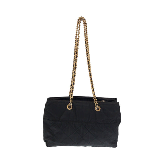 PRADA Tote Bag Nylon Black GoldMetal ChainTote Bag Shoulder Bag quilting testu Triangle With logo Women Used Authentic