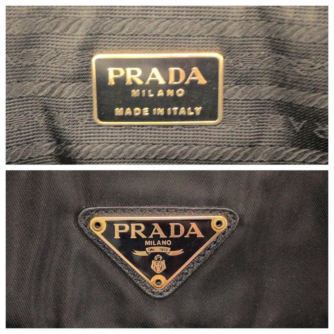 PRADA Tote Bag Nylon Black GoldMetal ChainTote Bag Shoulder Bag quilting testu Triangle With logo Women Used Authentic
