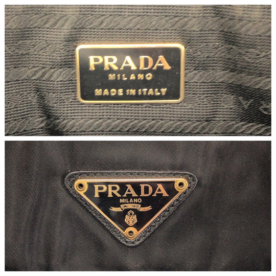 PRADA Tote Bag Nylon Black GoldMetal ChainTote Bag Shoulder Bag quilting testu Triangle With logo Women Used Authentic