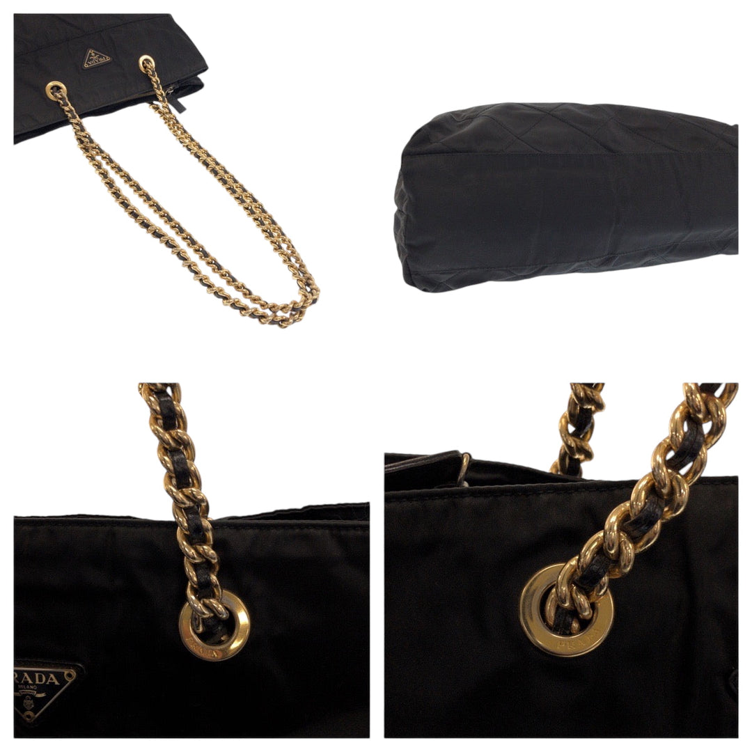PRADA Tote Bag Nylon Black GoldMetal ChainTote Bag Shoulder Bag quilting testu Triangle With logo Women Used Authentic