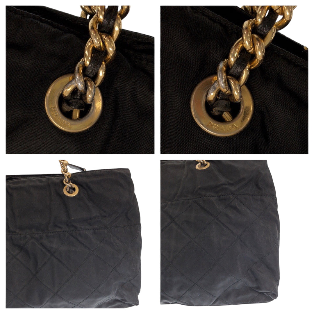 PRADA Tote Bag Nylon Black GoldMetal ChainTote Bag Shoulder Bag quilting testu Triangle With logo Women Used Authentic
