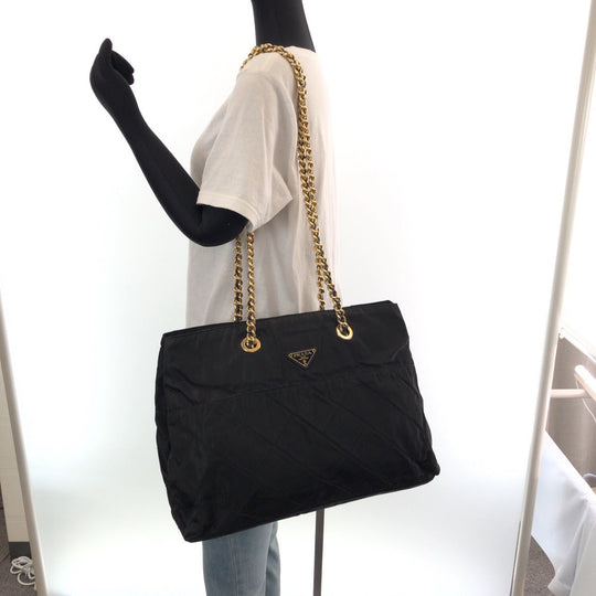 PRADA Tote Bag Nylon Black GoldMetal ChainTote Bag Shoulder Bag quilting testu Triangle With logo Women Used Authentic