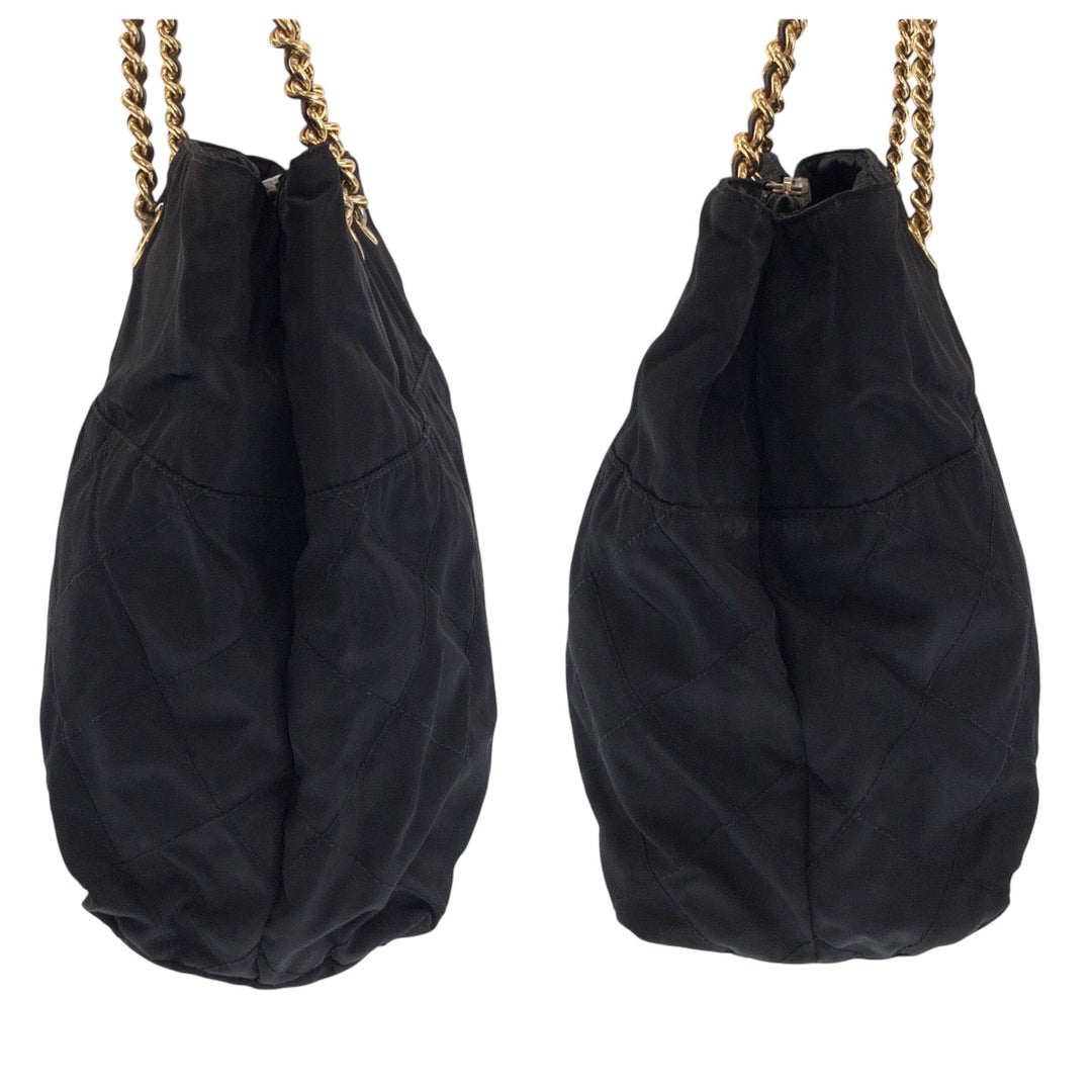 PRADA Tote Bag Nylon Black GoldMetal ChainTote Bag Shoulder Bag quilting testu Triangle With logo Women Used Authentic