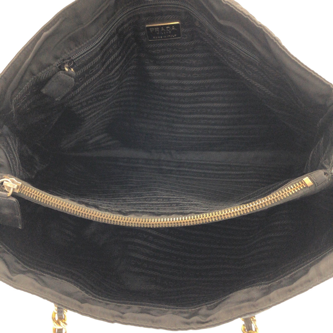 PRADA Tote Bag Nylon Black GoldMetal ChainTote Bag Shoulder Bag quilting testu Triangle With logo Women Used Authentic
