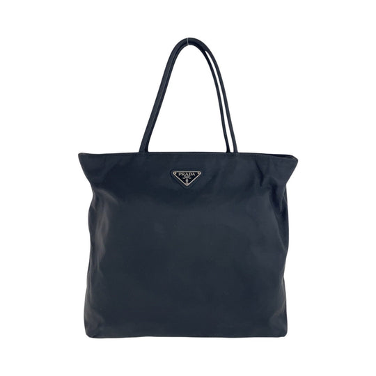 PRADA Tote Bag Nylon Black SilverMetal Tote Bag Shoulder Bag Test Triangle With logo Women Used Authentic