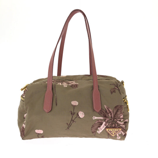 PRADA Shoulder Bag Nylon Beige Pink Gold Metal Handbag Shoulder Bag Mini Boston Duffel bag Test Floral triangleWith logo Women Used Authentic