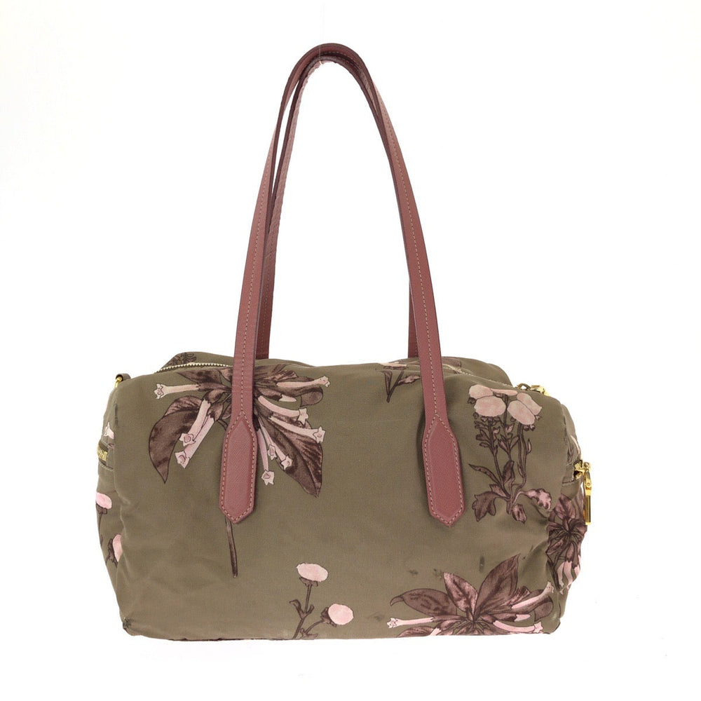 PRADA Shoulder Bag Nylon Beige Pink Gold Metal Handbag Shoulder Bag Mini Boston Duffel bag Test Floral triangleWith logo Women Used Authentic