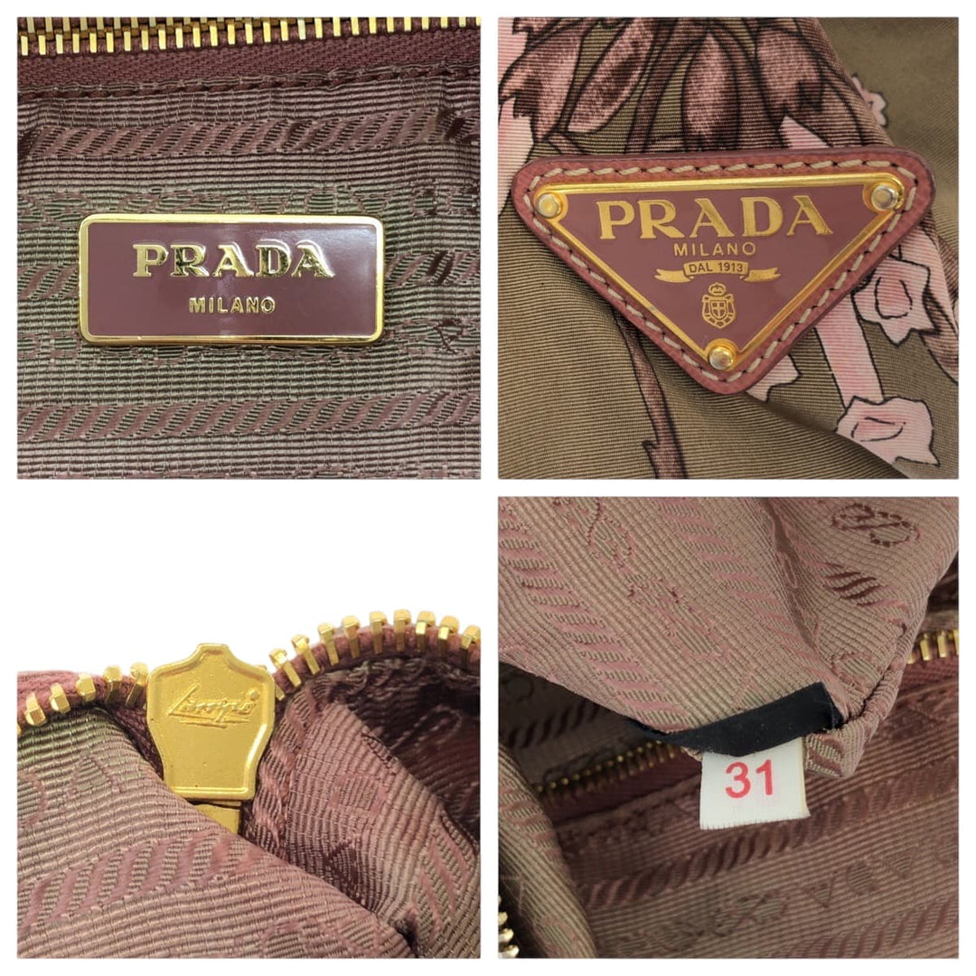 PRADA Shoulder Bag Nylon Beige Pink Gold Metal Handbag Shoulder Bag Mini Boston Duffel bag Test Floral triangleWith logo Women Used Authentic