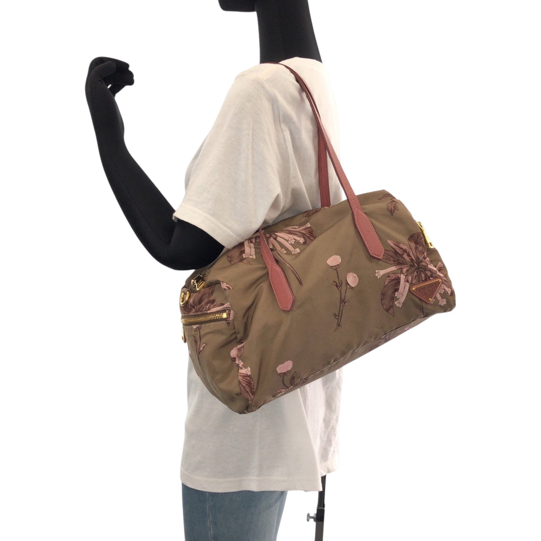 PRADA Shoulder Bag Nylon Beige Pink Gold Metal Handbag Shoulder Bag Mini Boston Duffel bag Test Floral triangleWith logo Women Used Authentic
