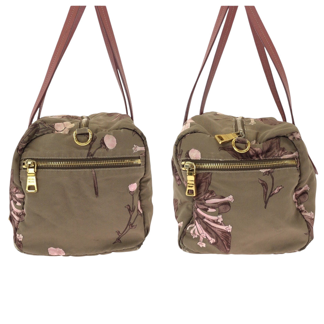 PRADA Shoulder Bag Nylon Beige Pink Gold Metal Handbag Shoulder Bag Mini Boston Duffel bag Test Floral triangleWith logo Women Used Authentic
