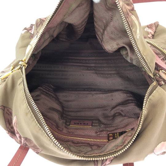 PRADA Shoulder Bag Nylon Beige Pink Gold Metal Handbag Shoulder Bag Mini Boston Duffel bag Test Floral triangleWith logo Women Used Authentic