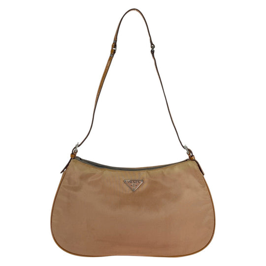 PRADA Handbag Nylon, enamel Brown Beige SilverMetal Handbag accessory pouch Test Triangle With logo Women Used Authentic