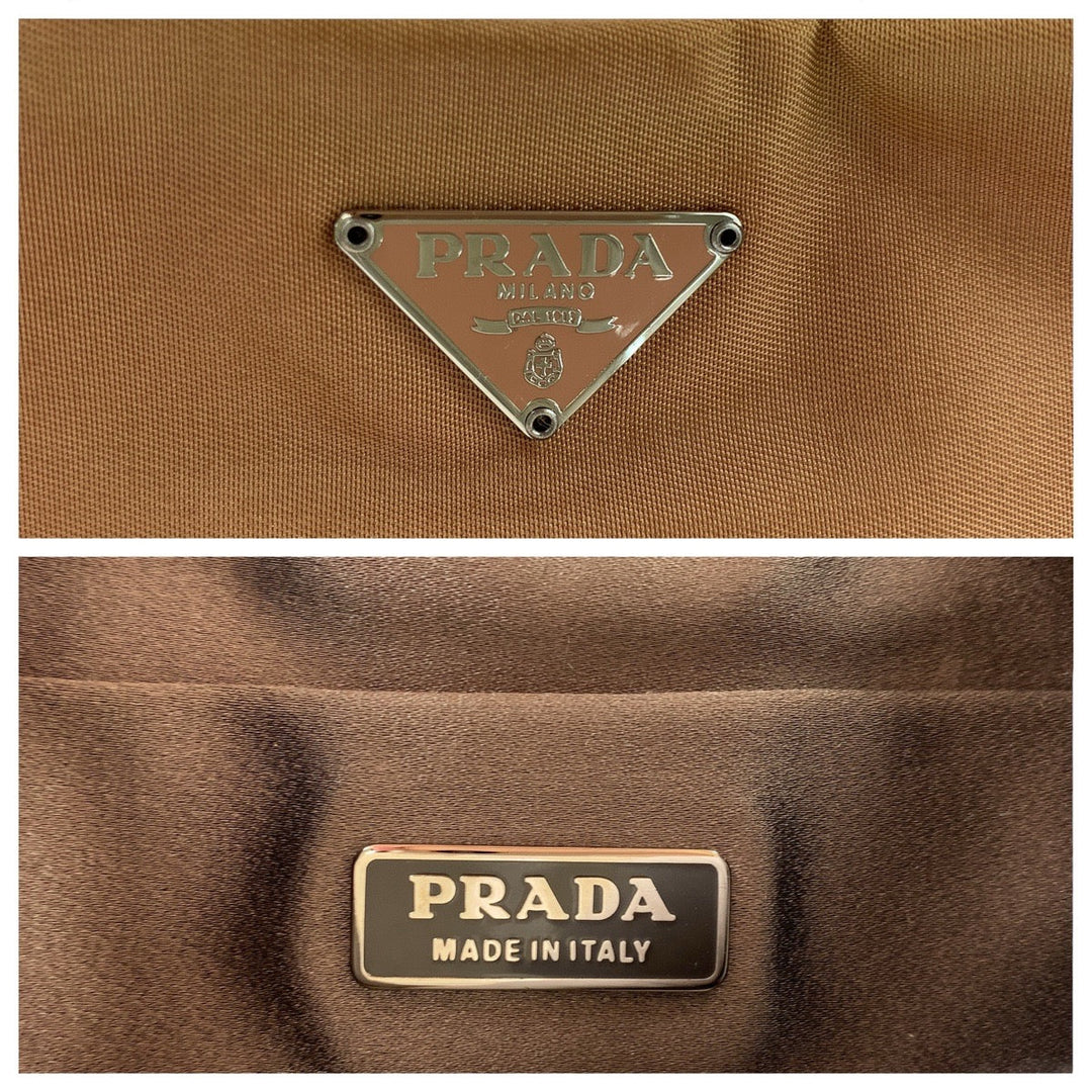 PRADA Handbag Nylon, enamel Brown Beige SilverMetal Handbag accessory pouch Test Triangle With logo Women Used Authentic