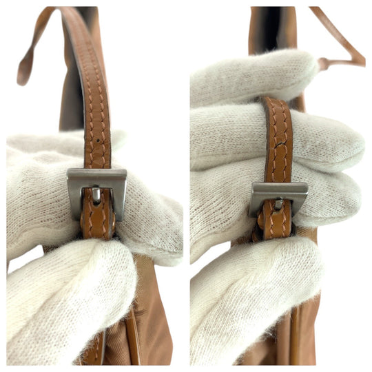 PRADA Handbag Nylon, enamel Brown Beige SilverMetal Handbag accessory pouch Test Triangle With logo Women Used Authentic