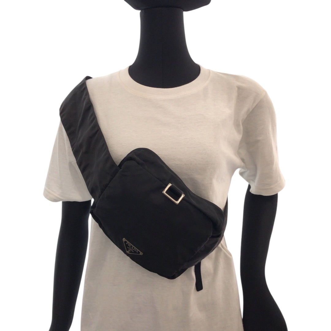 PRADA Sling bag Nylon Black SilverMetal Sling bag, waist pouch, bum bag Test Triangle With logo Women Used Authentic