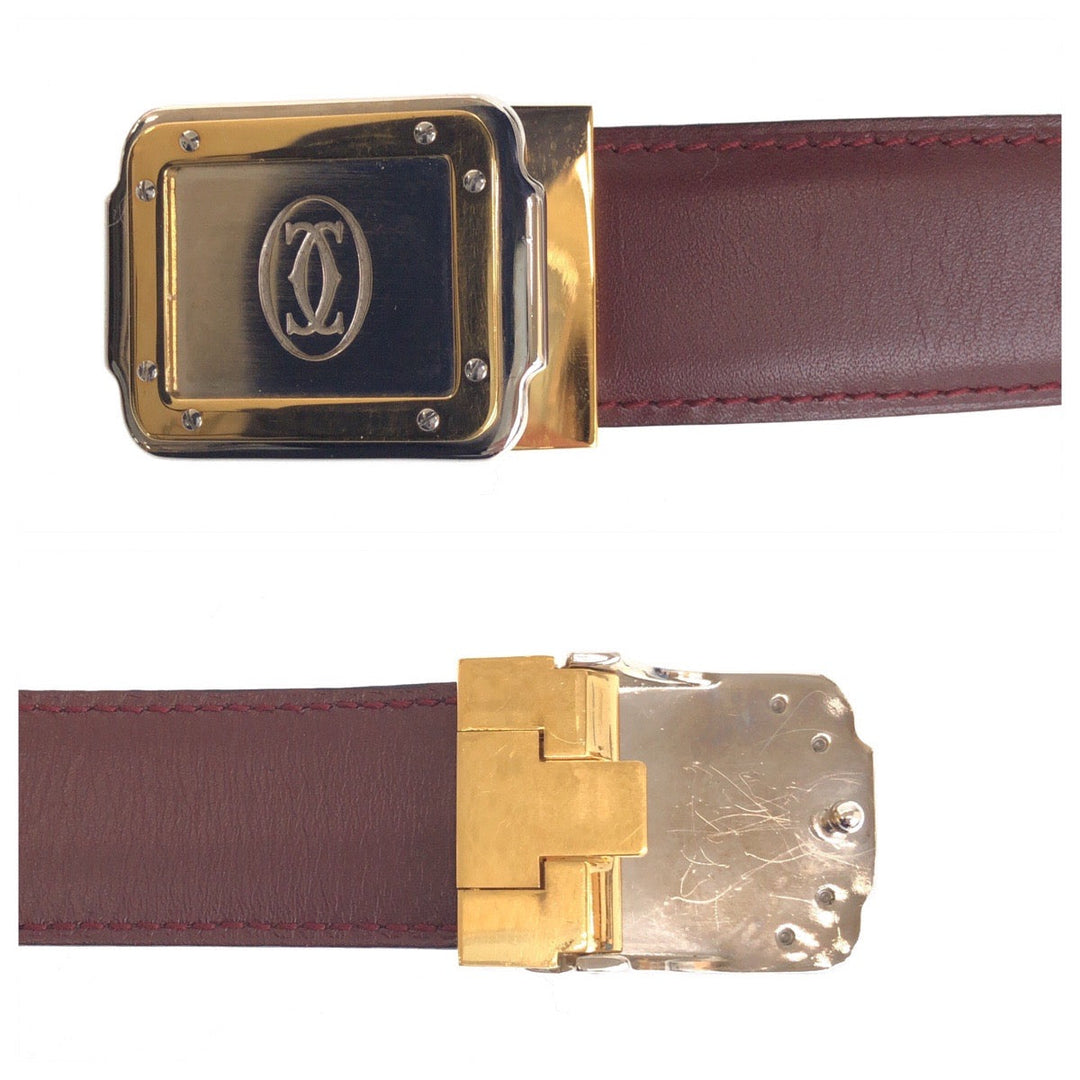CARTIER belt leather Bordeaux Gold Metal Belt buckle Santos Must Line mens No Size (See Description) Used Authentic