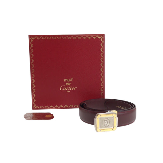 CARTIER belt leather Bordeaux Gold Metal Belt buckle Santos Must Line mens No Size (See Description) Used Authentic