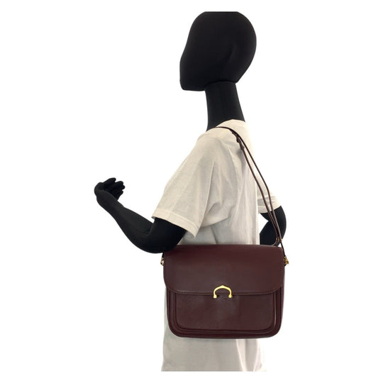 CARTIER Shoulder Bag leather Bordeaux Gold Metal Shoulder Bag Must Line Women Used Authentic