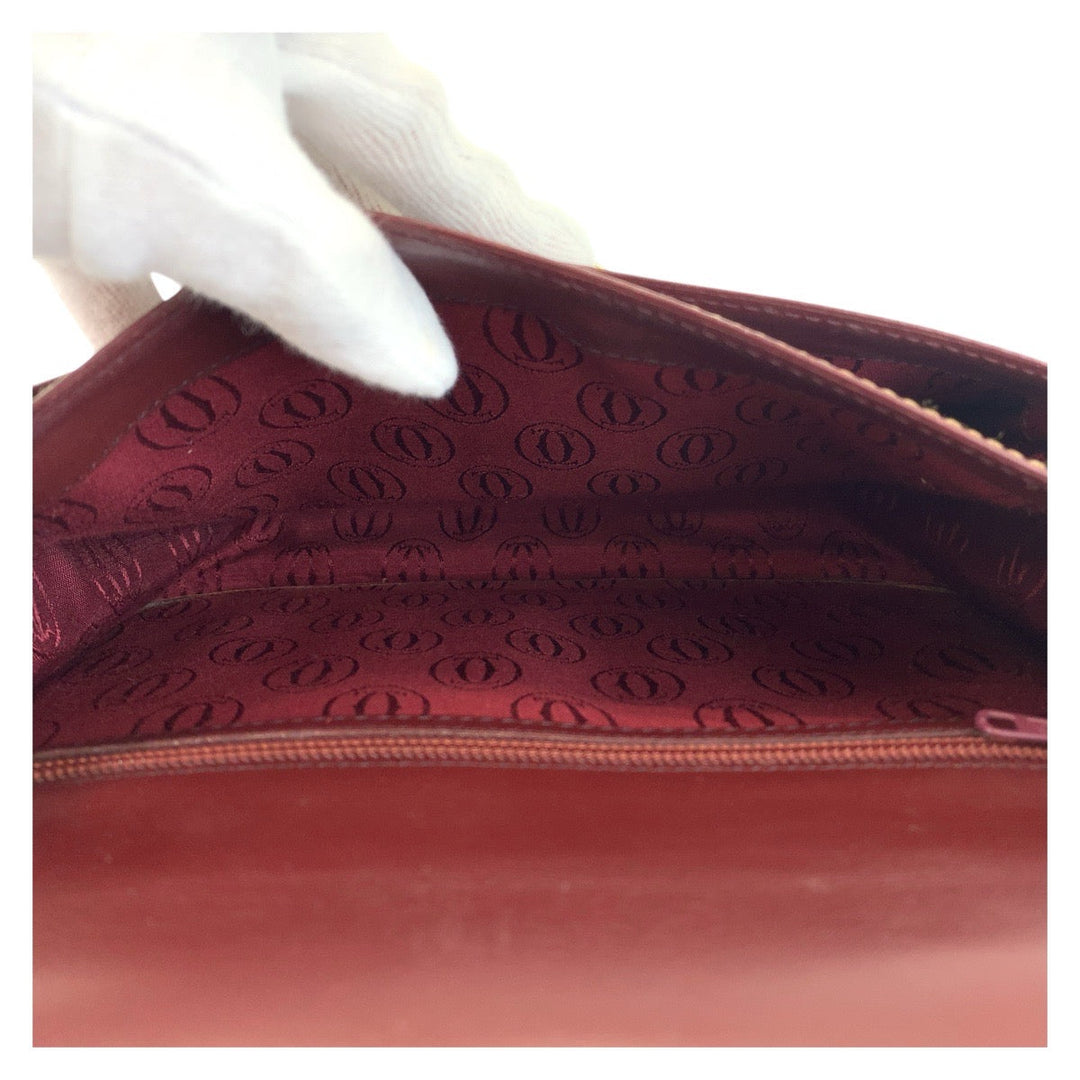 CARTIER Shoulder Bag leather Bordeaux Gold Metal Shoulder Bag Must Line Women Used Authentic