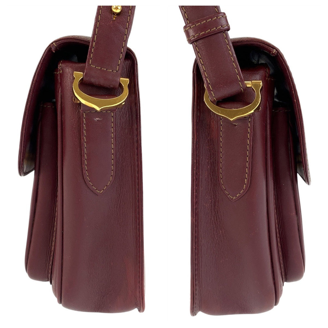 CARTIER Shoulder Bag leather Bordeaux Gold Metal Shoulder Bag Must Line Women Used Authentic