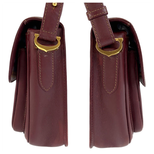 CARTIER Shoulder Bag leather Bordeaux Gold Metal Shoulder Bag Must Line Women Used Authentic