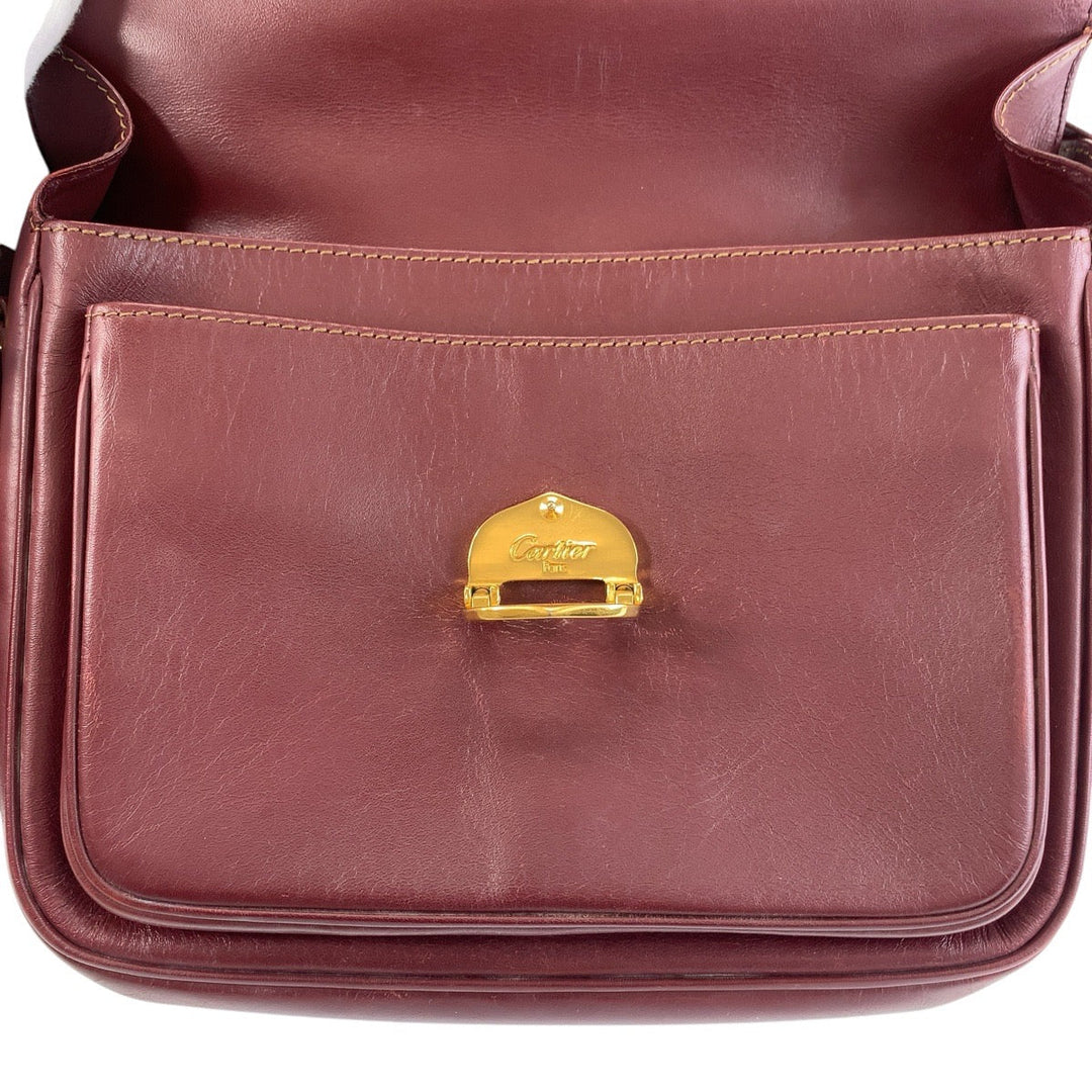 CARTIER Shoulder Bag leather Bordeaux Gold Metal Shoulder Bag Must Line Women Used Authentic