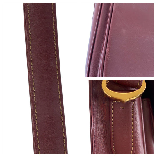 CARTIER Shoulder Bag leather Bordeaux Gold Metal Shoulder Bag Must Line Women Used Authentic