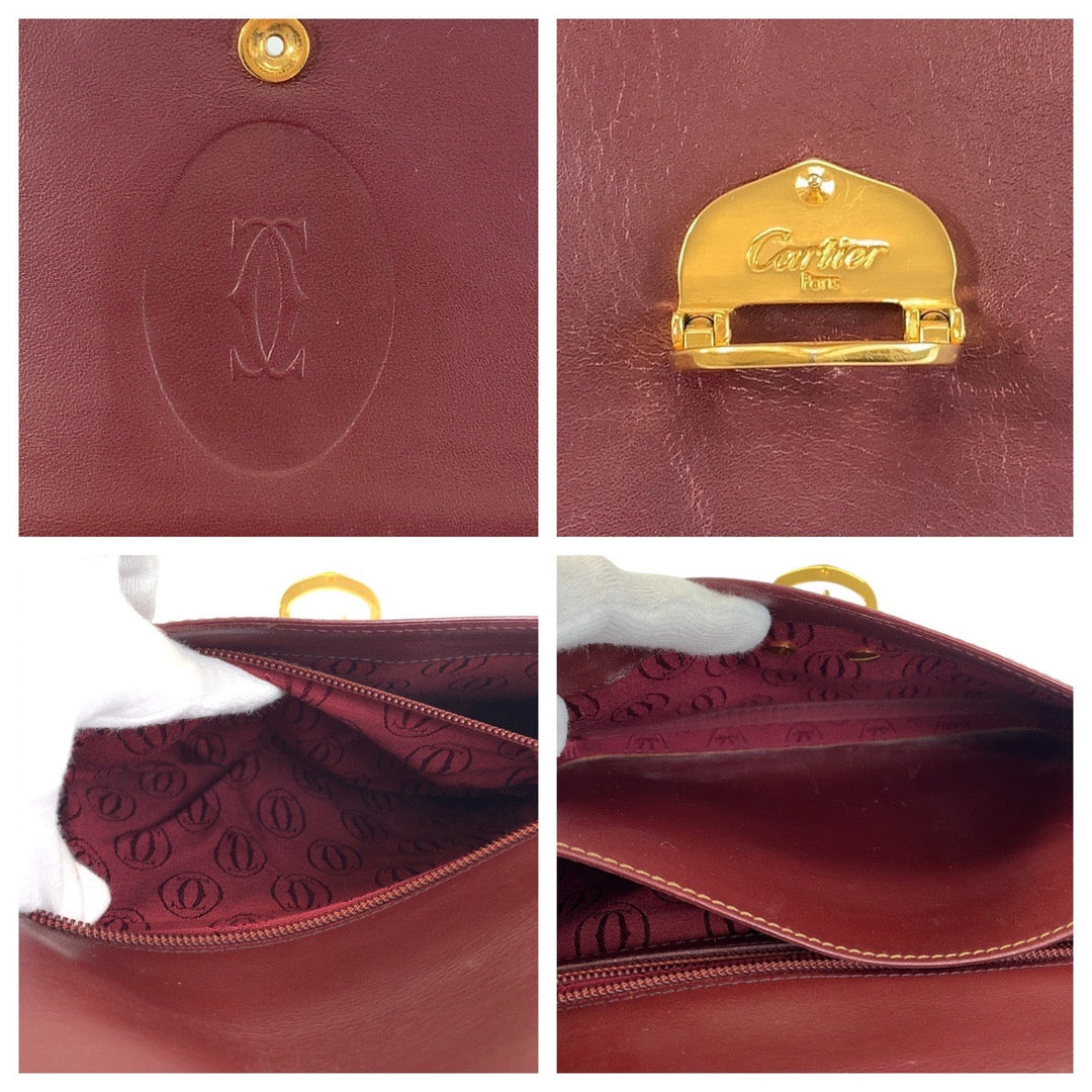 CARTIER Shoulder Bag leather Bordeaux Gold Metal Shoulder Bag Must Line Women Used Authentic
