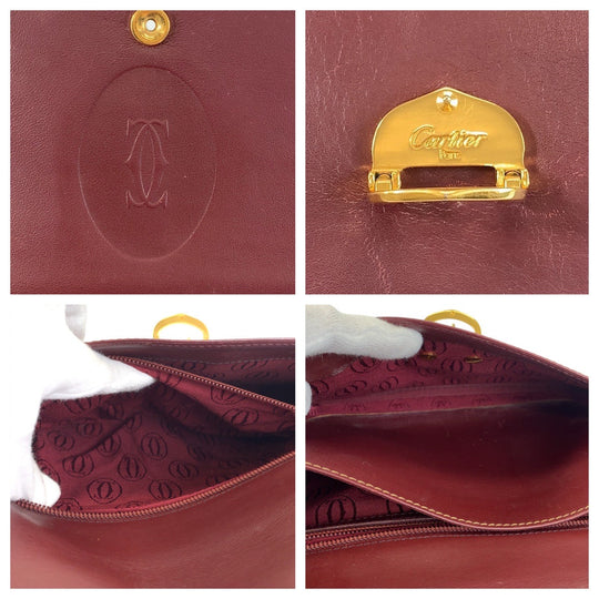 CARTIER Shoulder Bag leather Bordeaux Gold Metal Shoulder Bag Must Line Women Used Authentic