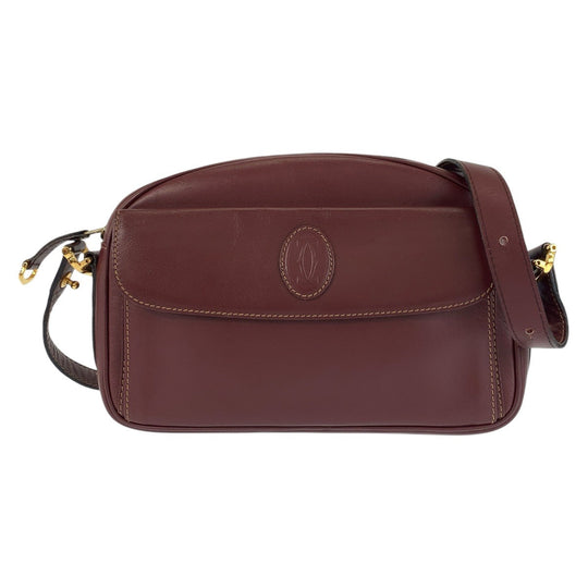 CARTIER Shoulder Bag leather Bordeaux Gold Metal Shoulder Bag pochette Must Line Women Used Authentic