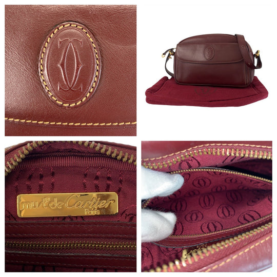 CARTIER Shoulder Bag leather Bordeaux Gold Metal Shoulder Bag pochette Must Line Women Used Authentic