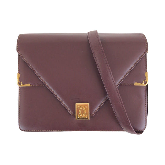 CARTIER Shoulder Bag leather Wine Red Bordeaux Gold Metal Shoulder Bag pochette Must Line Women Used Authentic