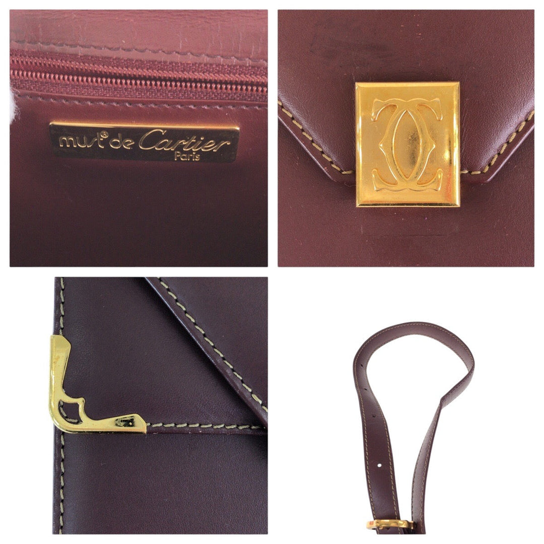 CARTIER Shoulder Bag leather Wine Red Bordeaux Gold Metal Shoulder Bag pochette Must Line Women Used Authentic