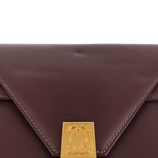 CARTIER Shoulder Bag leather Wine Red Bordeaux Gold Metal Shoulder Bag pochette Must Line Women Used Authentic