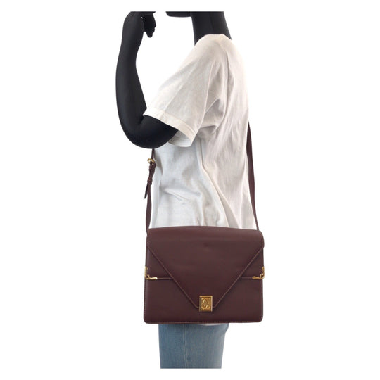 CARTIER Shoulder Bag leather Wine Red Bordeaux Gold Metal Shoulder Bag pochette Must Line Women Used Authentic