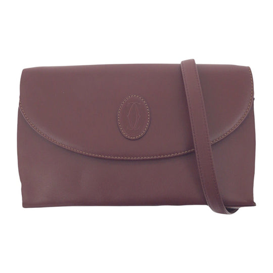 CARTIER Shoulder Bag leather Wine Red Bordeaux Gold Metal Shoulder Bag pochette Must Line Women Used Authentic