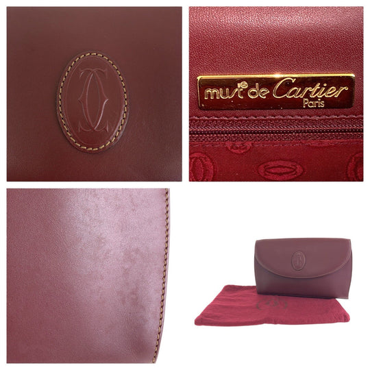 CARTIER Shoulder Bag leather Wine Red Bordeaux Gold Metal Shoulder Bag pochette Must Line Women Used Authentic